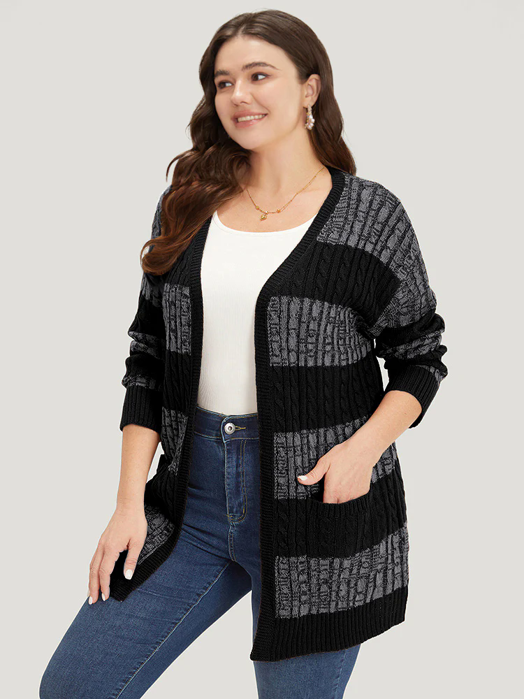 Halloween Colorblock Cable Knit Patched Pocket Cardigan Halloween Colorblock Cable Knit Patched Pocket Cardigan