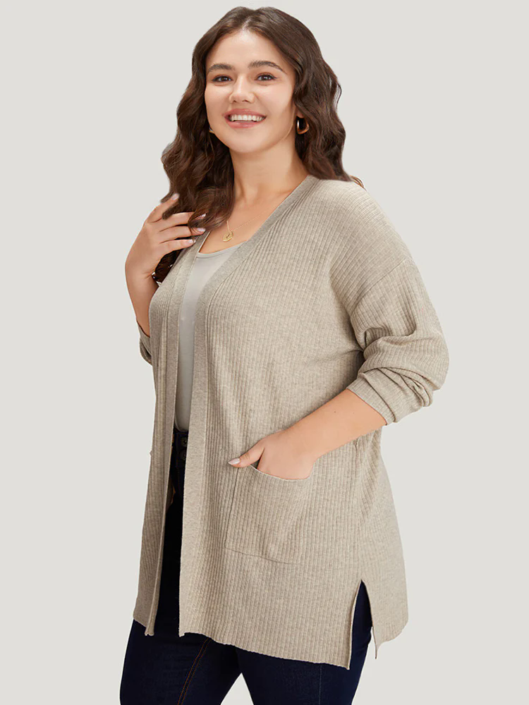 Plain Belted Patched Pocket Split Side Cardigan Plain Belted Patched Pocket Split Side Cardigan