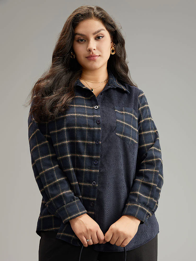 Shirt Collar Plaid Patchwork Pocket Blouse Shirt Collar Plaid Patchwork Pocket Blouse