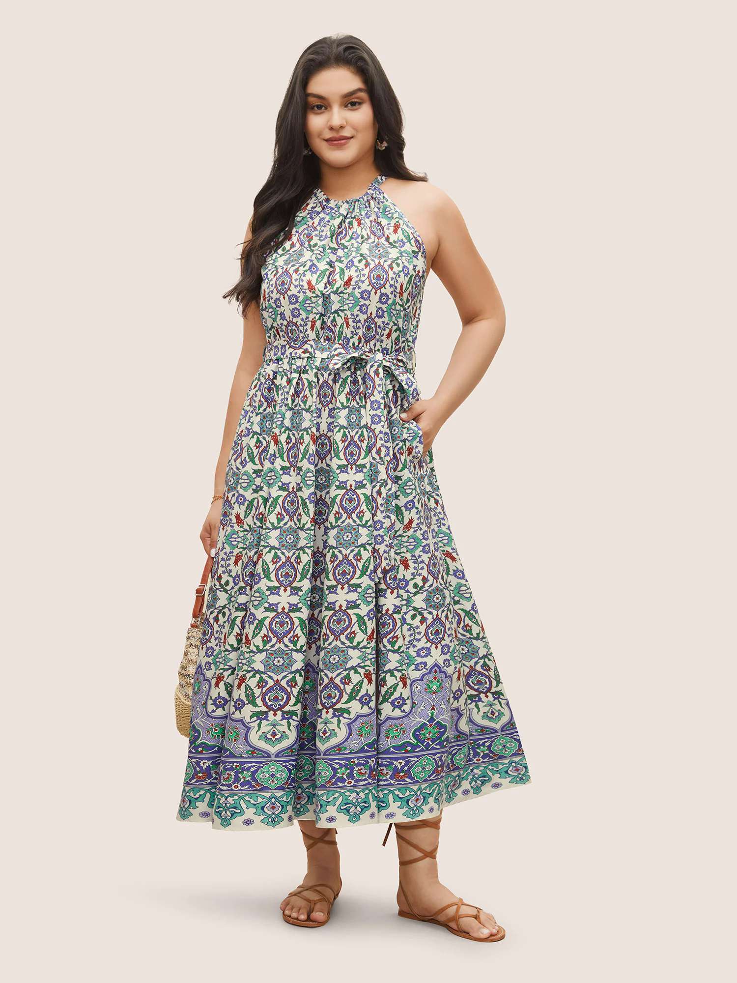 Boho Print Halter Gathered Belted Dress Boho Print Halter Gathered Belted Dress