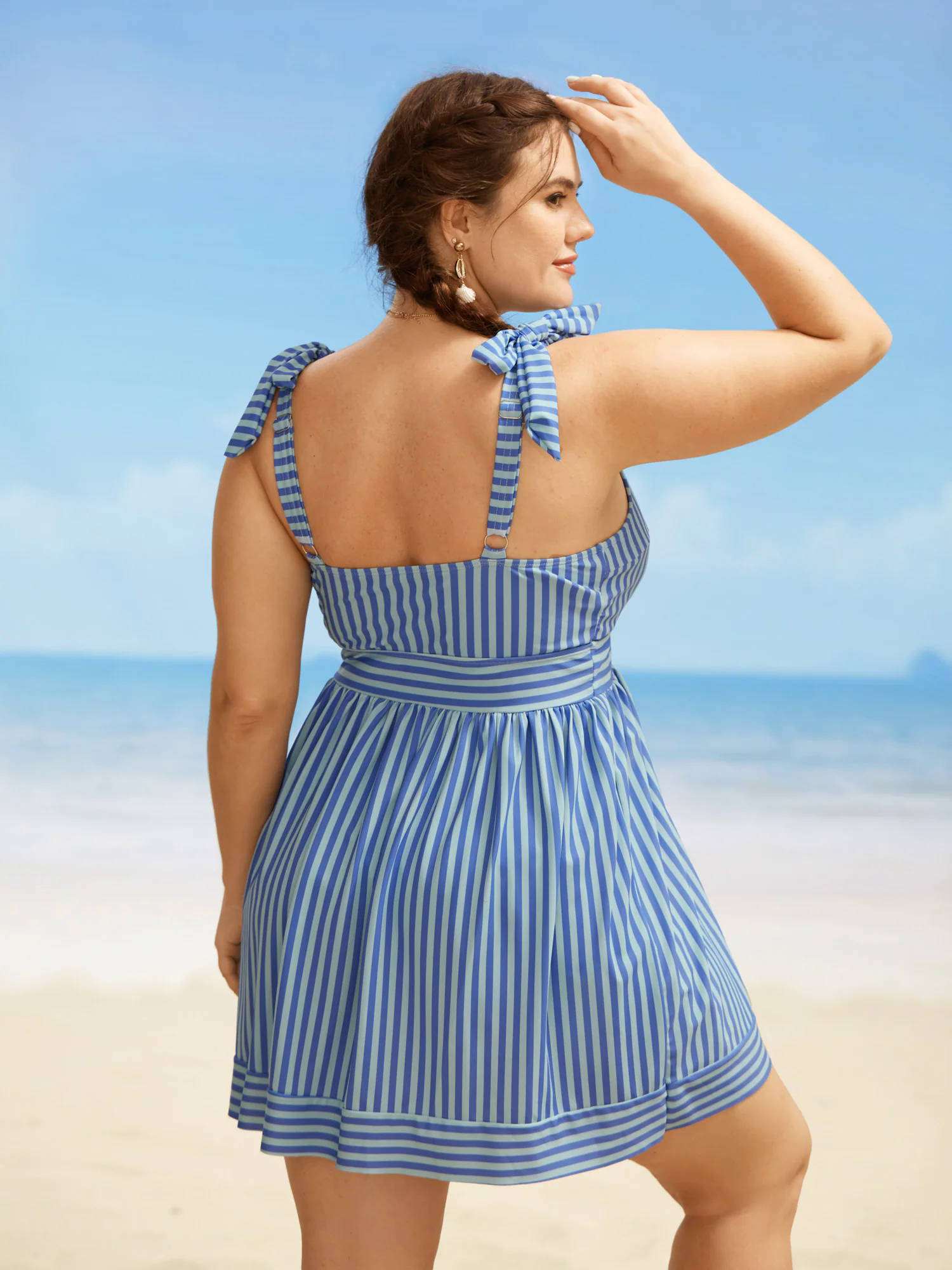 V Neck Striped Tie Knot Gathered Swim Dress V Neck Striped Tie Knot Gathered Swim Dress