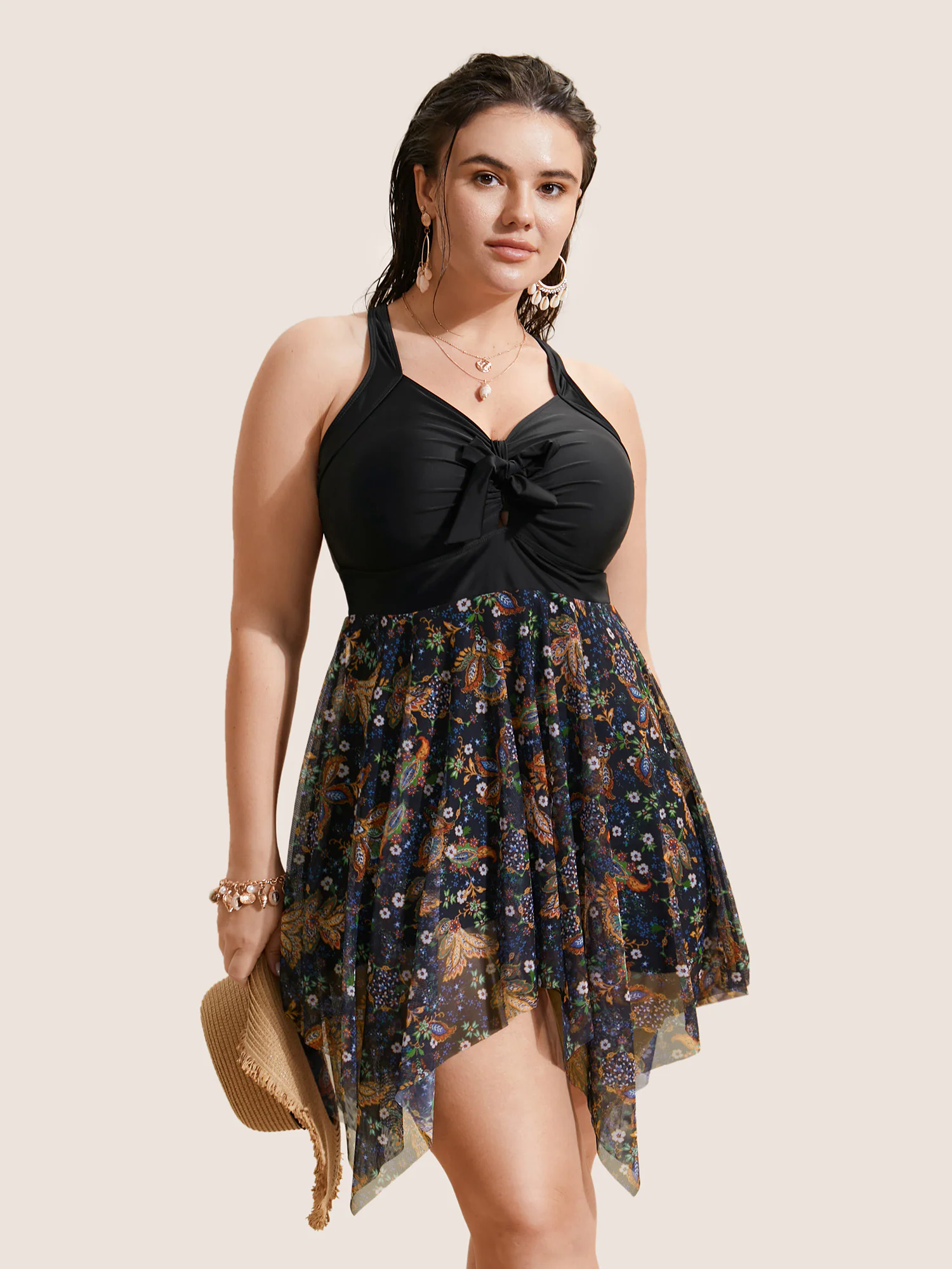 Patchwork Ruched Knot Asymmetrical Hem Swim Dress Patchwork Ruched Knot Asymmetrical Hem Swim Dress
