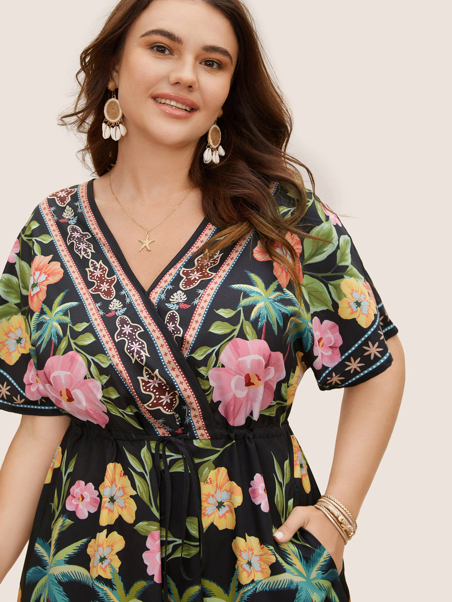 Boho Print Overlap Collar Drawstring Dress