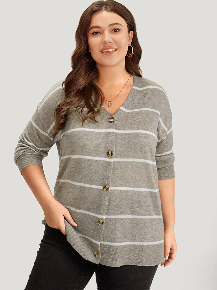 Supersoft Essentials Striped Button Through Elastic Cuffs Cardigan