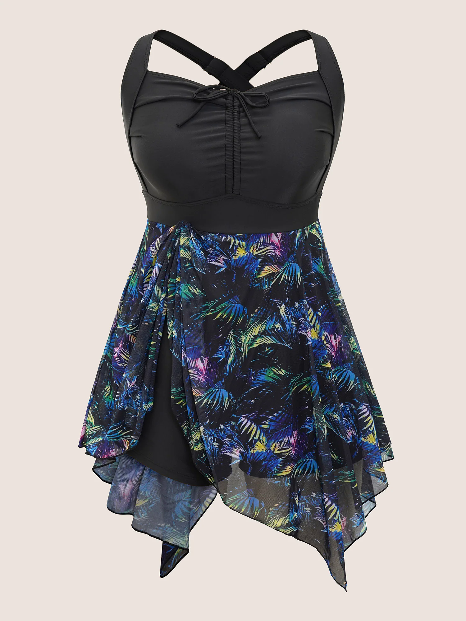 Tropical Ruched Ties Hanky Hem Crisscross Swim Dress Tropical Ruched Ties Hanky Hem Crisscross Swim Dress