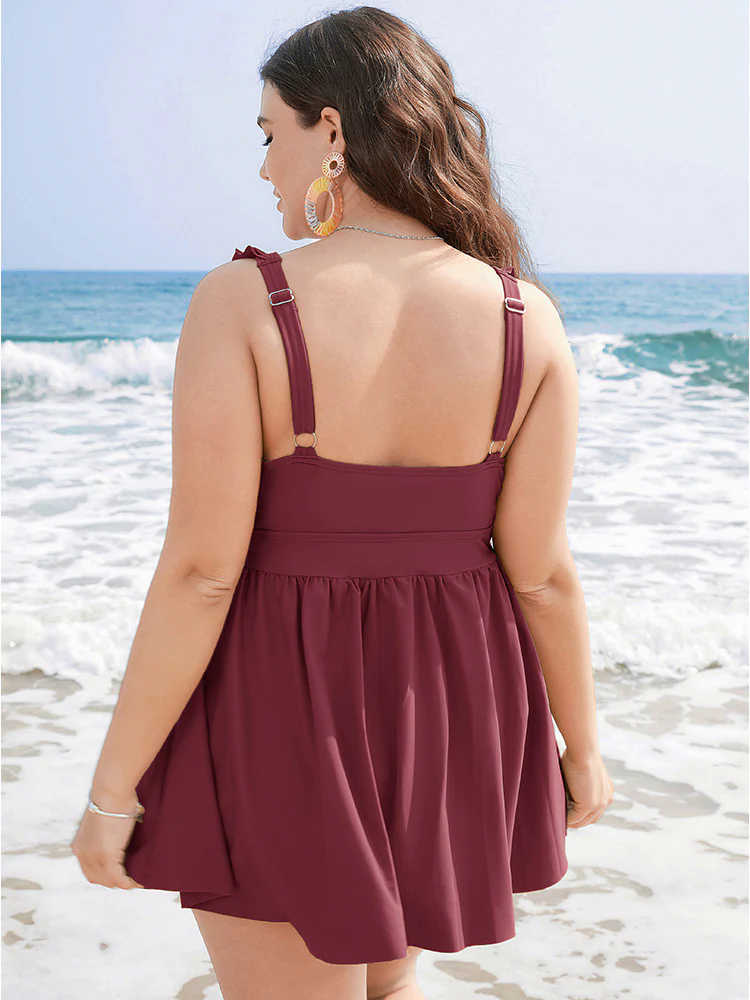 Ruffle Trim Adjustable Straps Gathered Sculpt Waist Swim Dress Ruffle Trim Adjustable Straps Gathered Sculpt Waist Swim Dress
