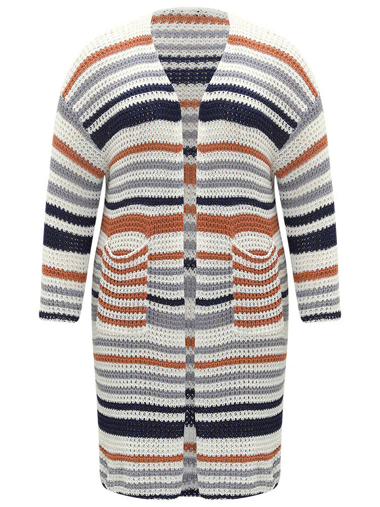 Contrast Striped Patched Pocket Split Side Cardigan Contrast Striped Patched Pocket Split Side Cardigan