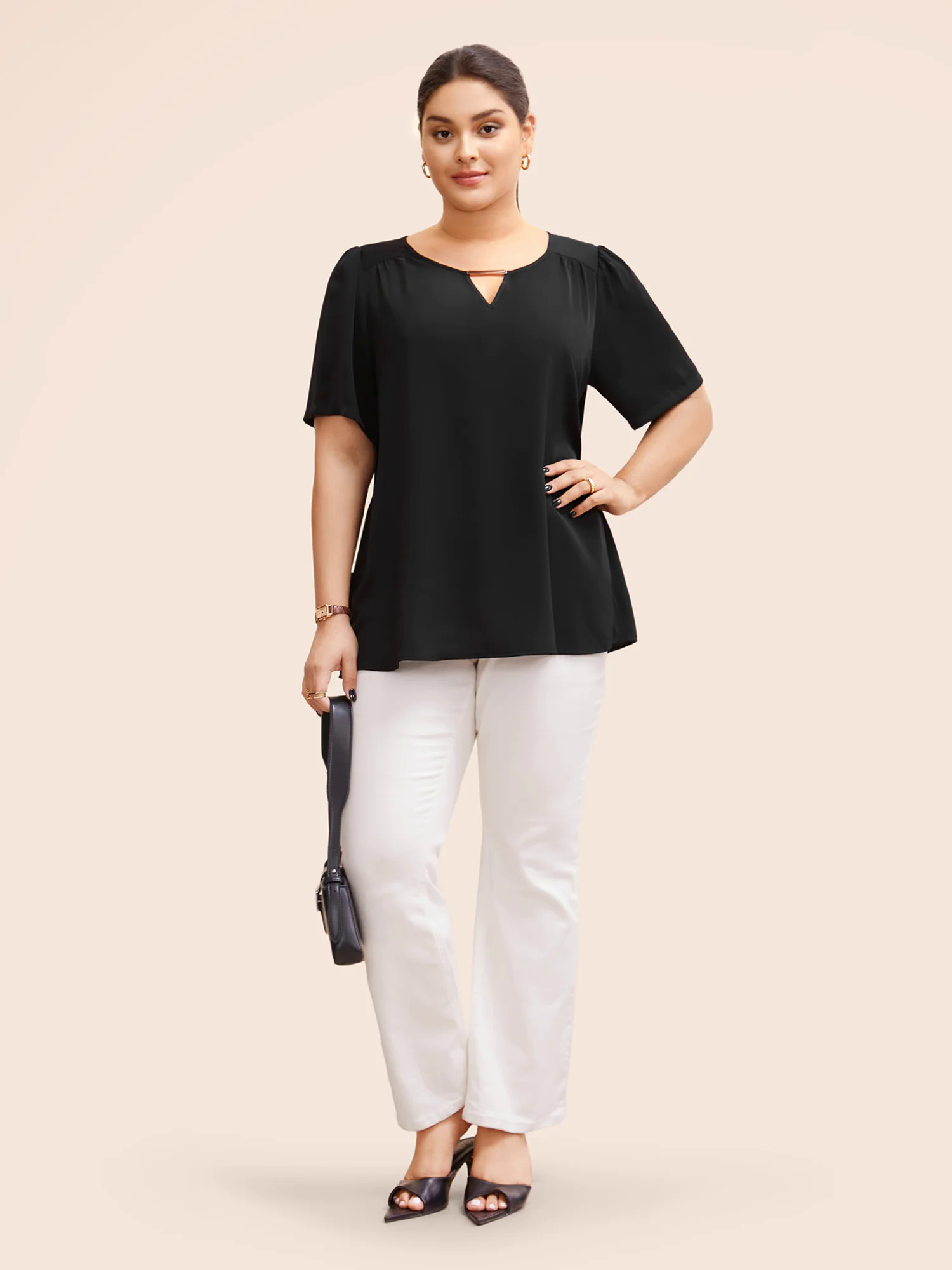 Anti-Wrinkle Plain Metal Detail Keyhole Neck  Blouse