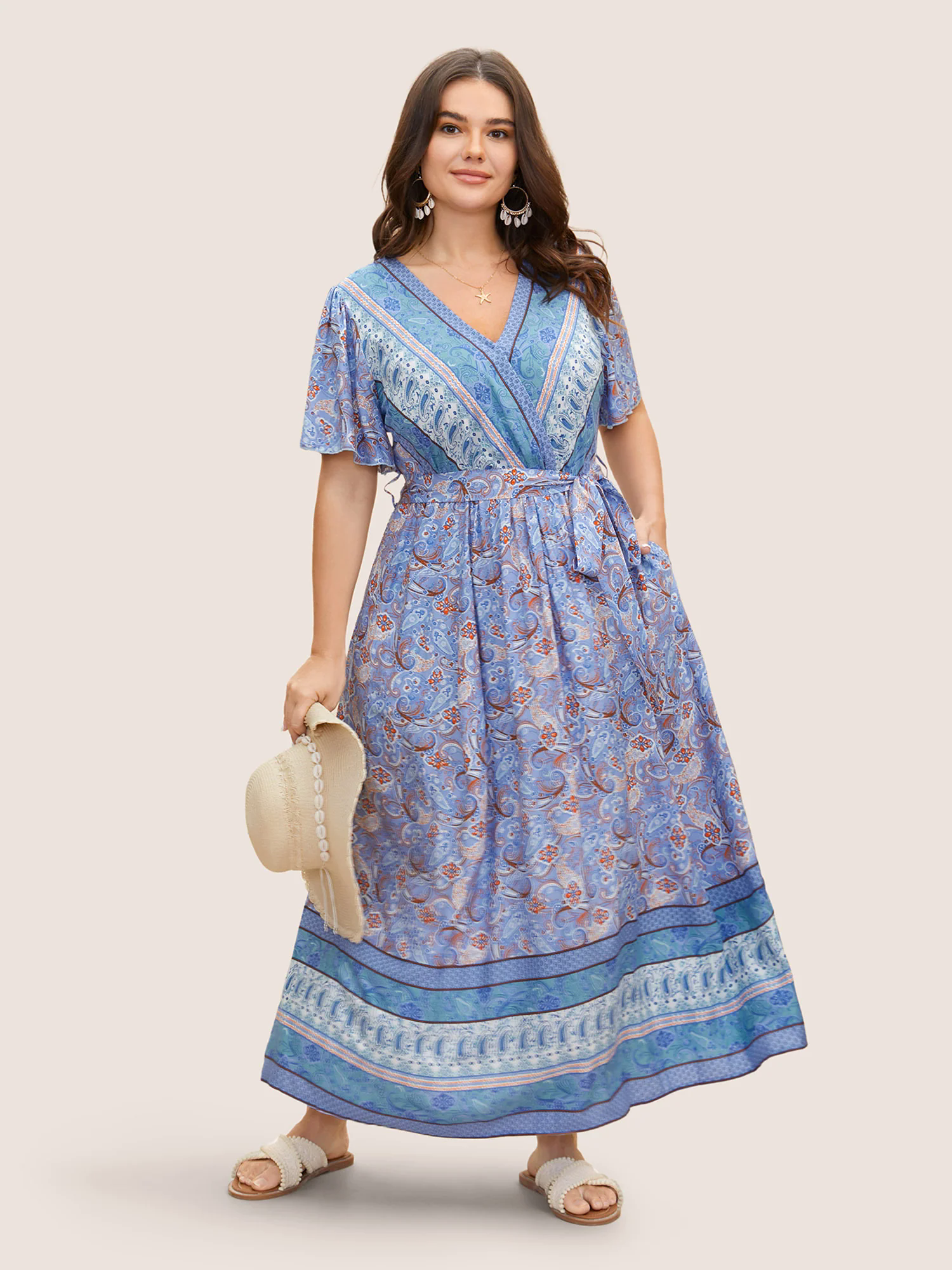 Bandana Surplice Neck Pocket Belted Flutter Hem Maxi Dress Bandana Surplice Neck Pocket Belted Flutter Hem Maxi Dress