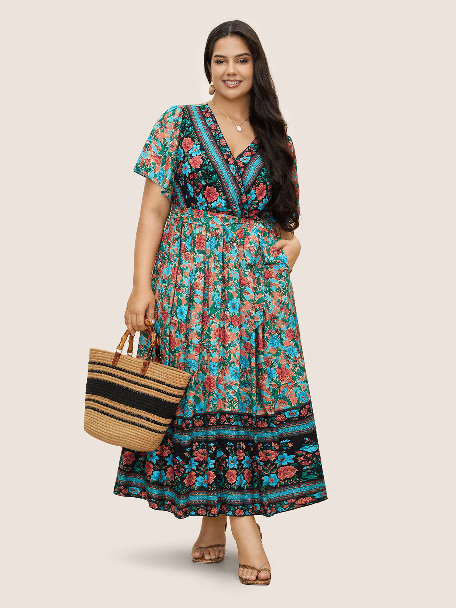 Bandana Surplice Neck Pocket Belted Flutter Hem Maxi Dress Bandana Surplice Neck Pocket Belted Flutter Hem Maxi Dress