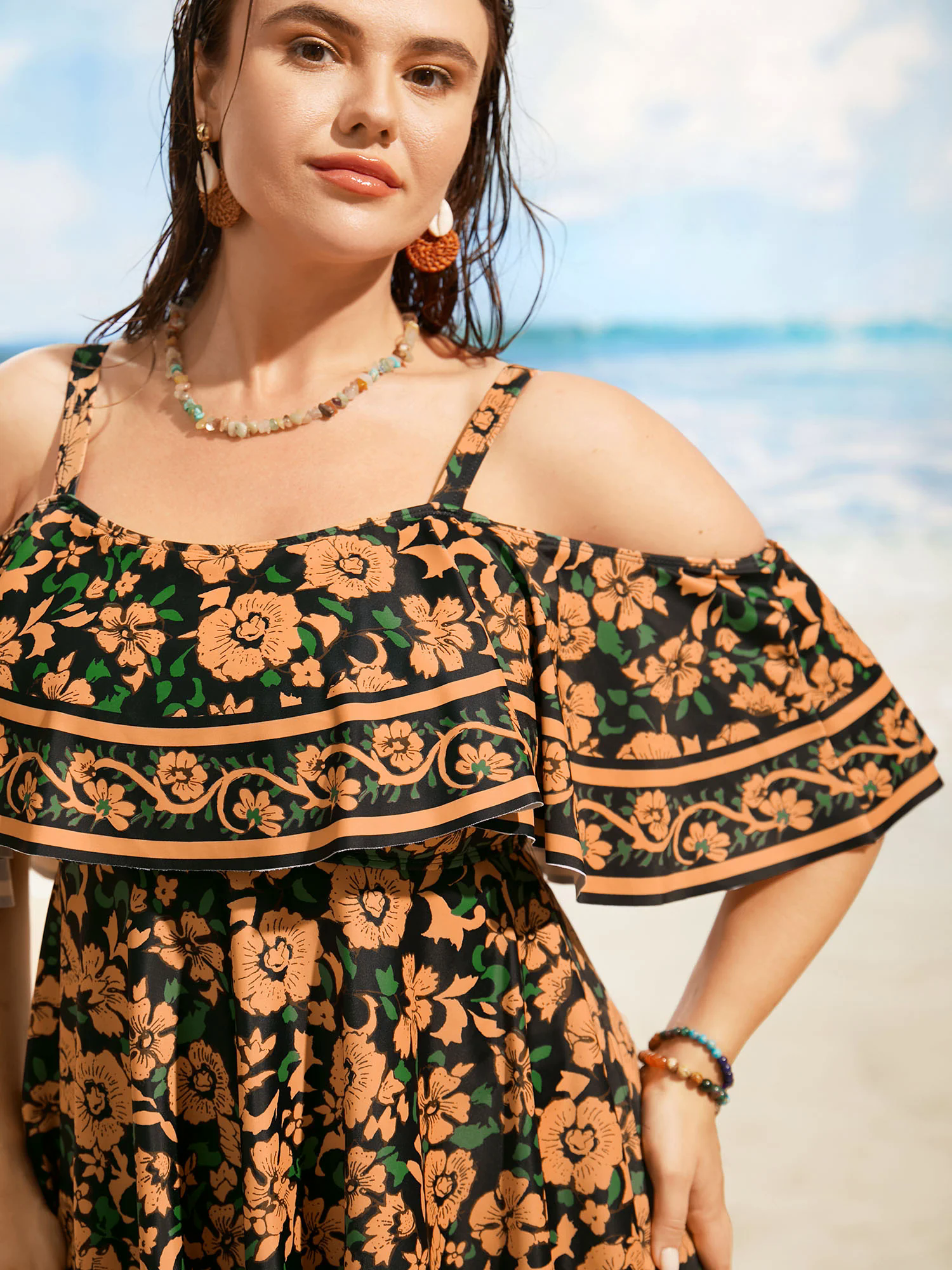 Floral One Shoulder Neck Ruffles Swim Dress Floral One Shoulder Neck Ruffles Swim Dress