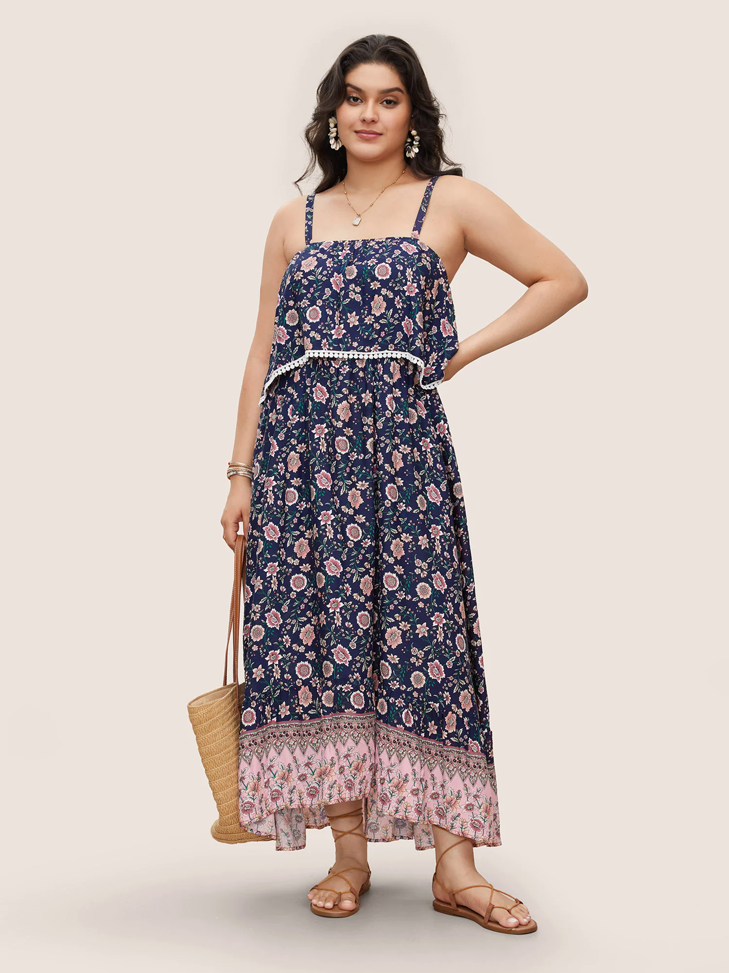 Bandana Print Spaghetti Strap Pocket Ruffles Asymmetrical Hem Maxi Dress