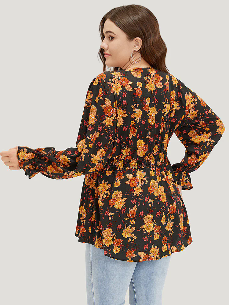 Floral Print Wrap Shirred Lantern Sleeve Blouse Floral Print Wrap Shirred Lantern Sleeve Blouse