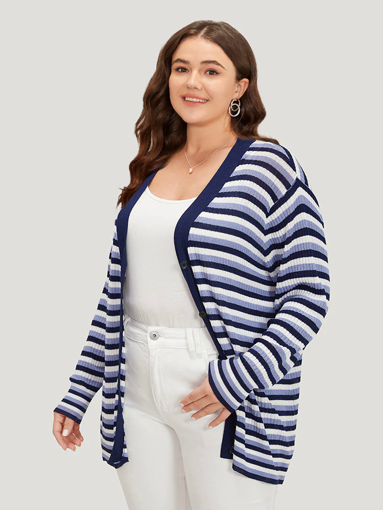 Contrast Striped Rib Knit Button Through Cardigan