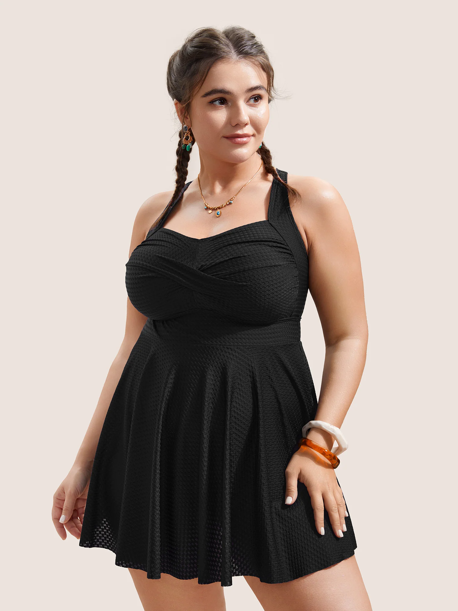 Plain Textured Crossover Bodycon Swim Dress Plain Textured Crossover Bodycon Swim Dress