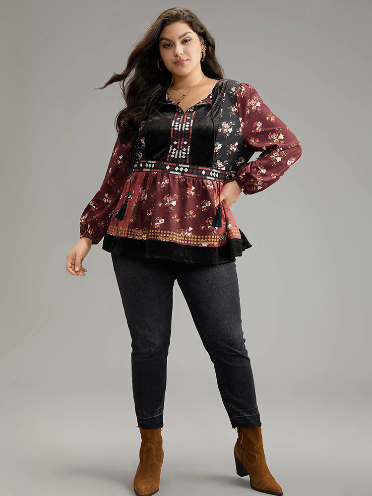 Velvet Floral Contrast Knot Neck Tassel Blouse Velvet Floral Contrast Knot Neck Tassel Blouse
