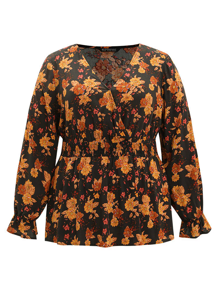 Floral Print Wrap Shirred Lantern Sleeve Blouse Floral Print Wrap Shirred Lantern Sleeve Blouse