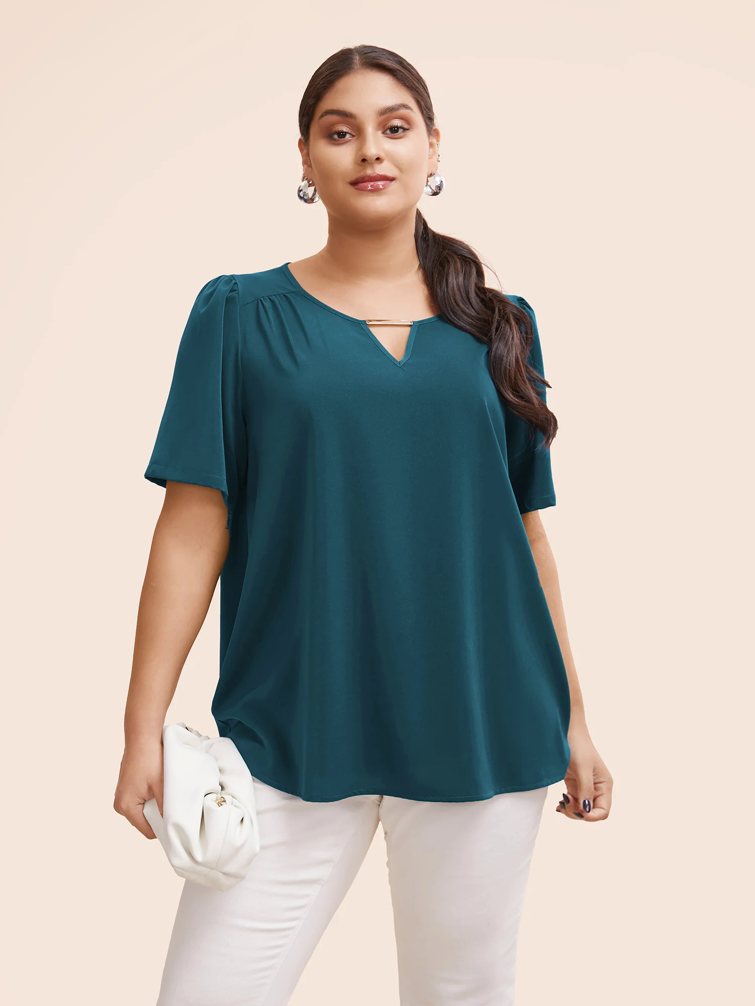 Anti-Wrinkle Plain Metal Detail Keyhole Neck  Blouse