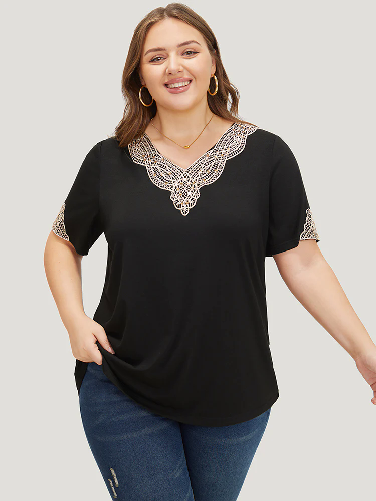 Plain Guipure Lace V Neck T-shirt Plain Guipure Lace V Neck T-shirt