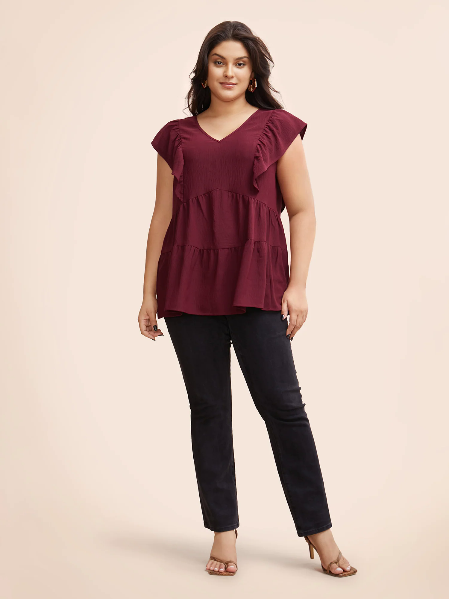 Solid Layered Hem Ruffle Cap Sleeve Blouse Solid Layered Hem Ruffle Cap Sleeve Blouse