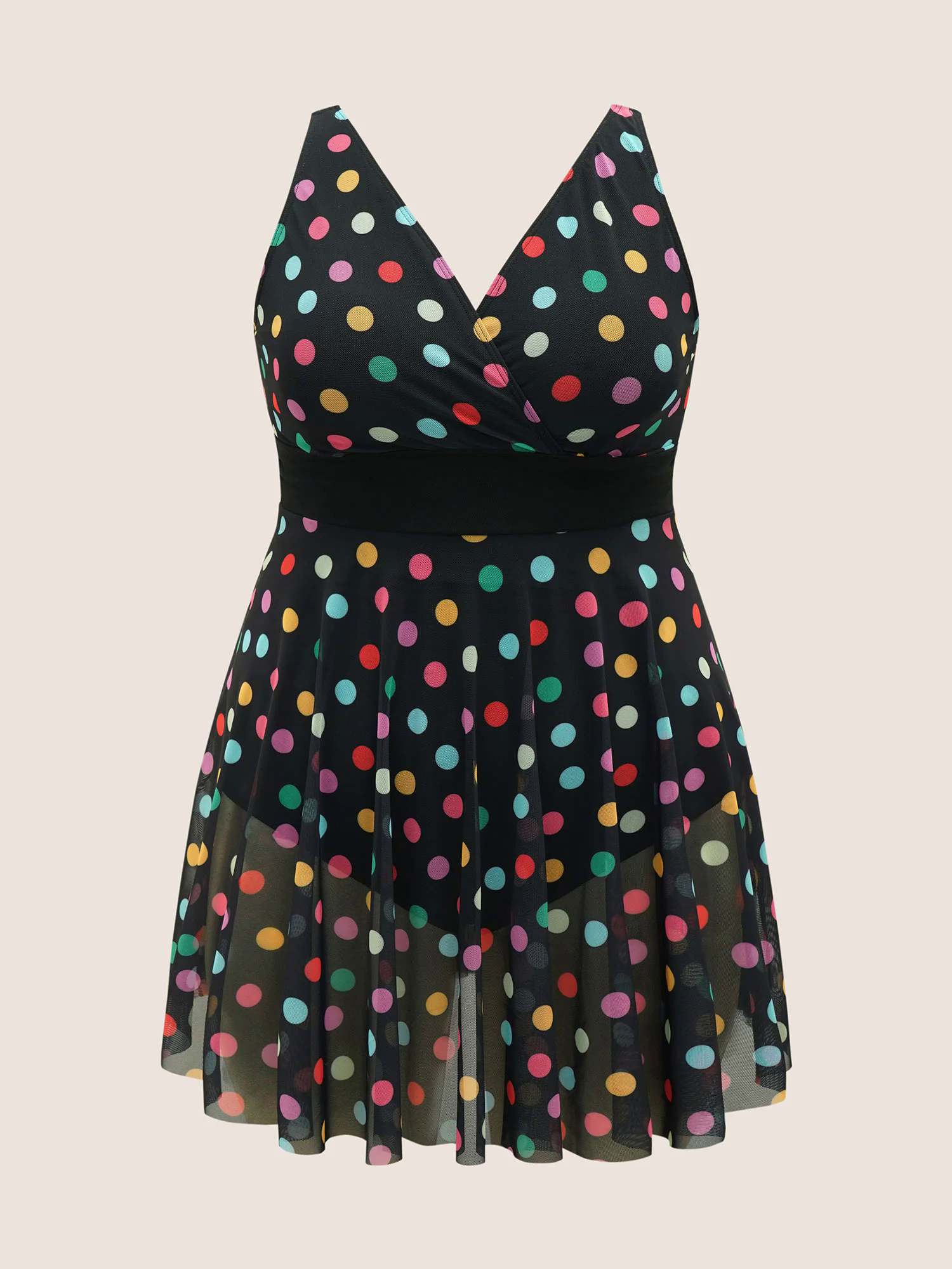 Overlap Collar Colored Polka Dot Swim Dress