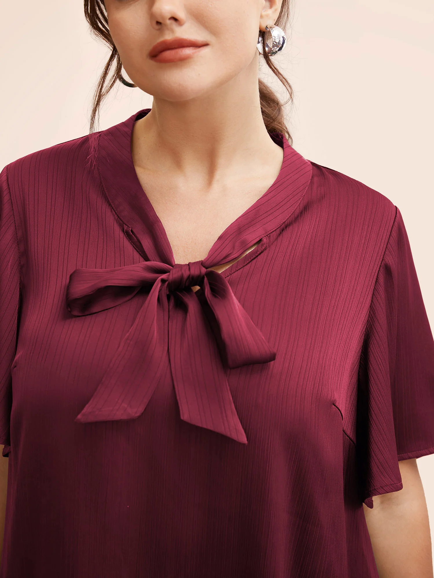Plain Knot Neck Ruffle Sleeve Blouse Plain Knot Neck Ruffle Sleeve Blouse