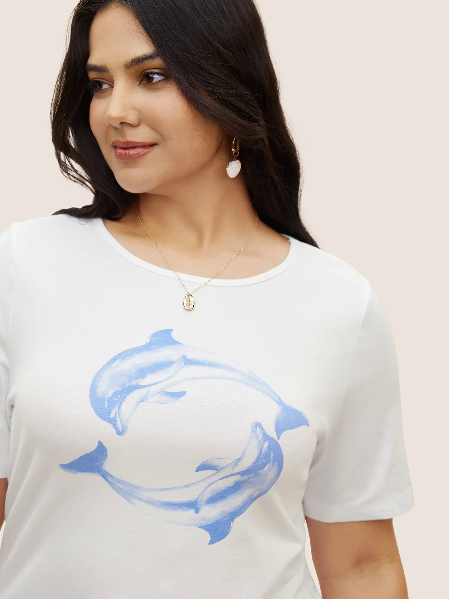 Crew Neck Dolphin Print Arc Hem T-shirt Crew Neck Dolphin Print Arc Hem T-shirt