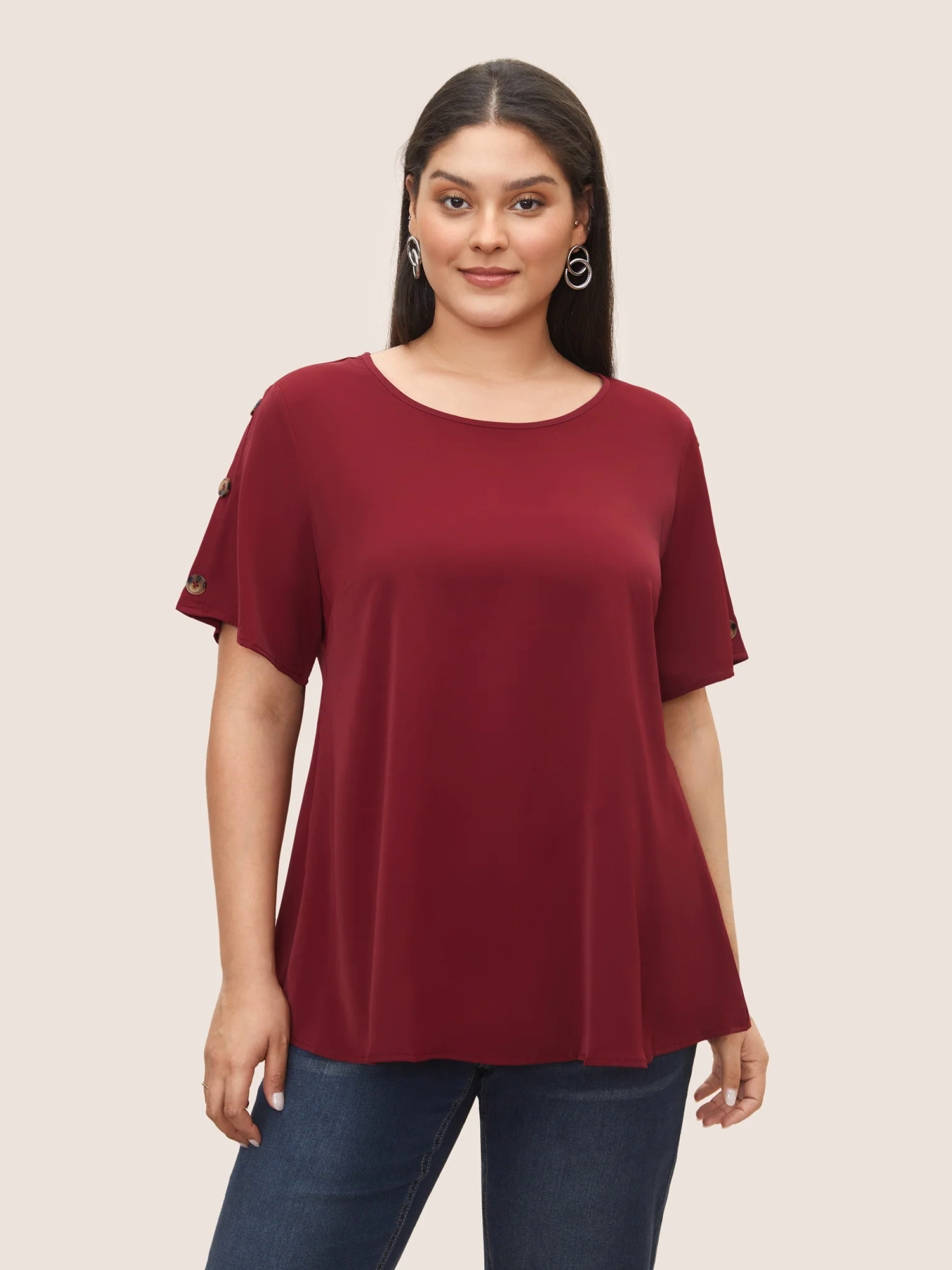Plain Round Neck Button Detail Blouse