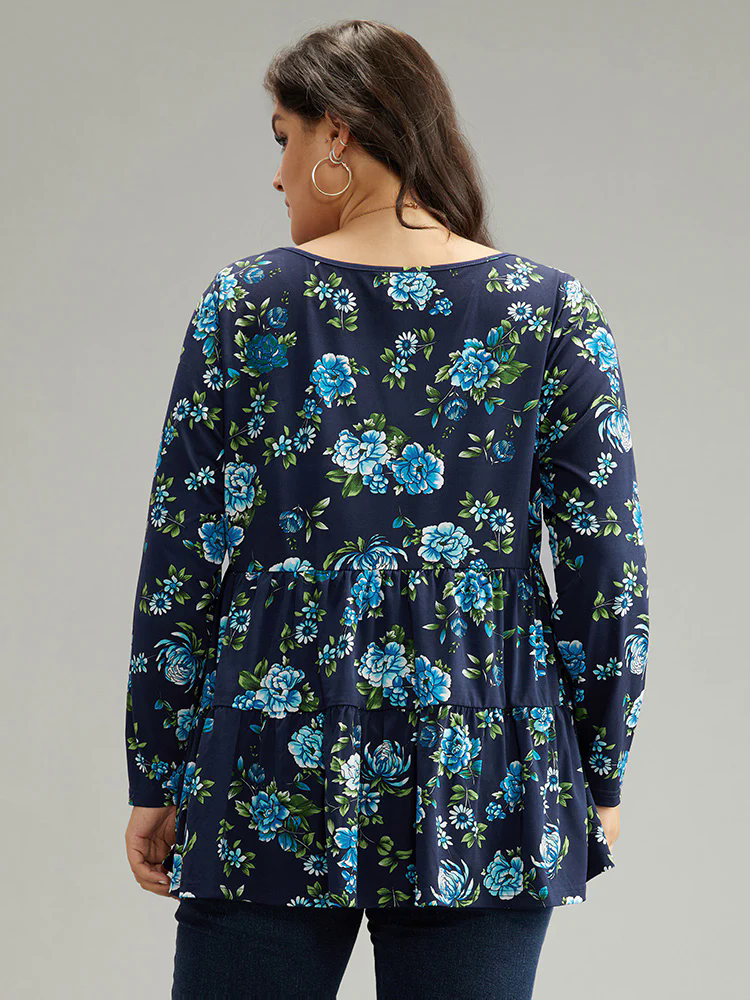 Floral Print Flutter Hem Gathered T-shirt Floral Print Flutter Hem Gathered T-shirt