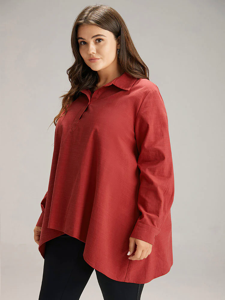 Cotton Curved Hem Button Down Blouse Cotton Curved Hem Button Down Blouse