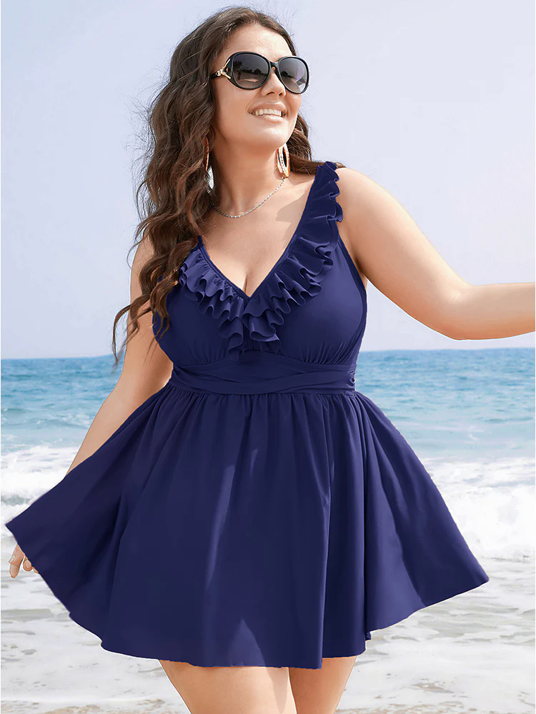 Ruffle Trim Adjustable Straps Gathered Sculpt Waist Swim Dress Ruffle Trim Adjustable Straps Gathered Sculpt Waist Swim Dress