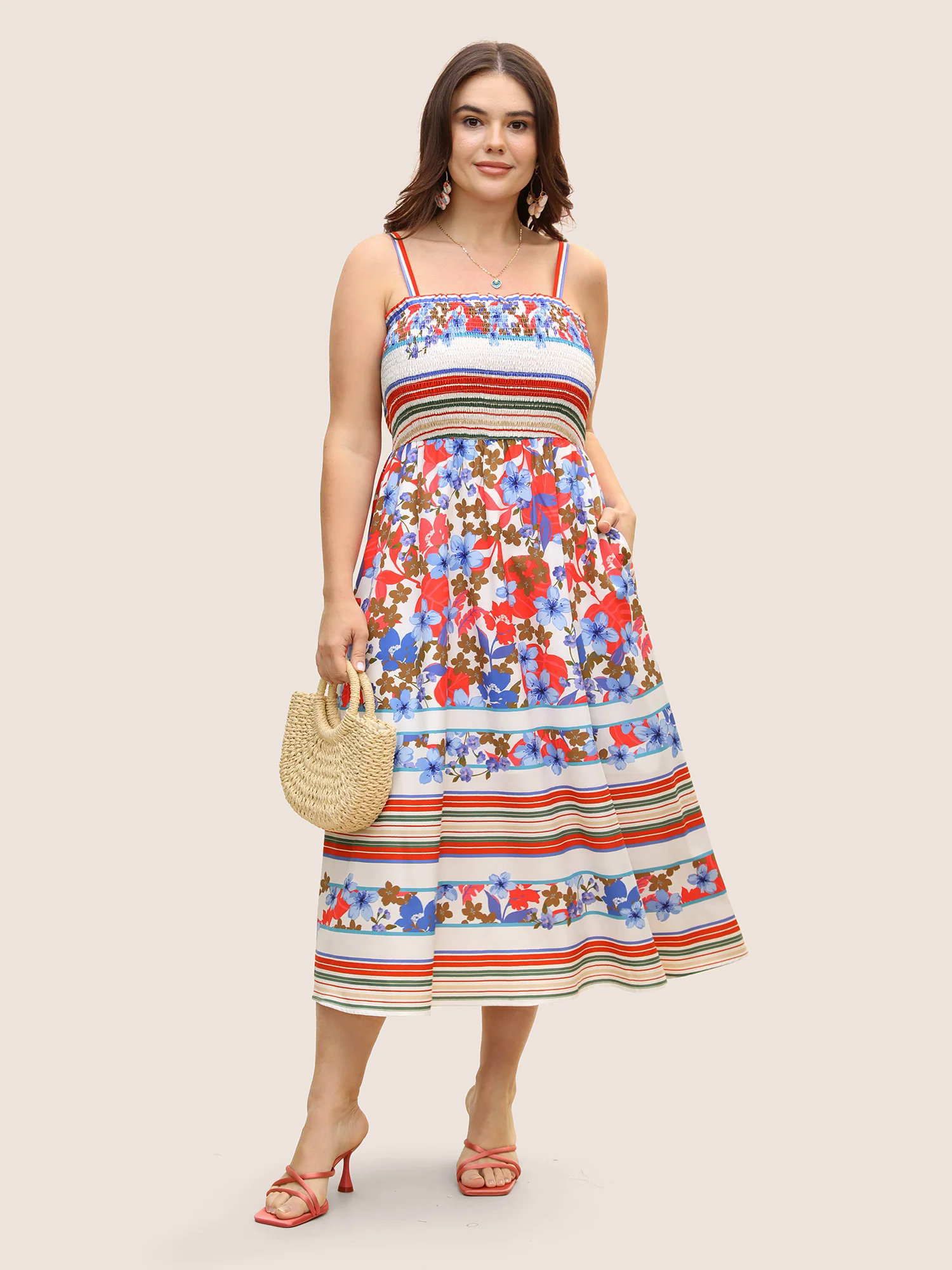 Floral Print Shirred Cami Midi Dress Floral Print Shirred Cami Midi Dress