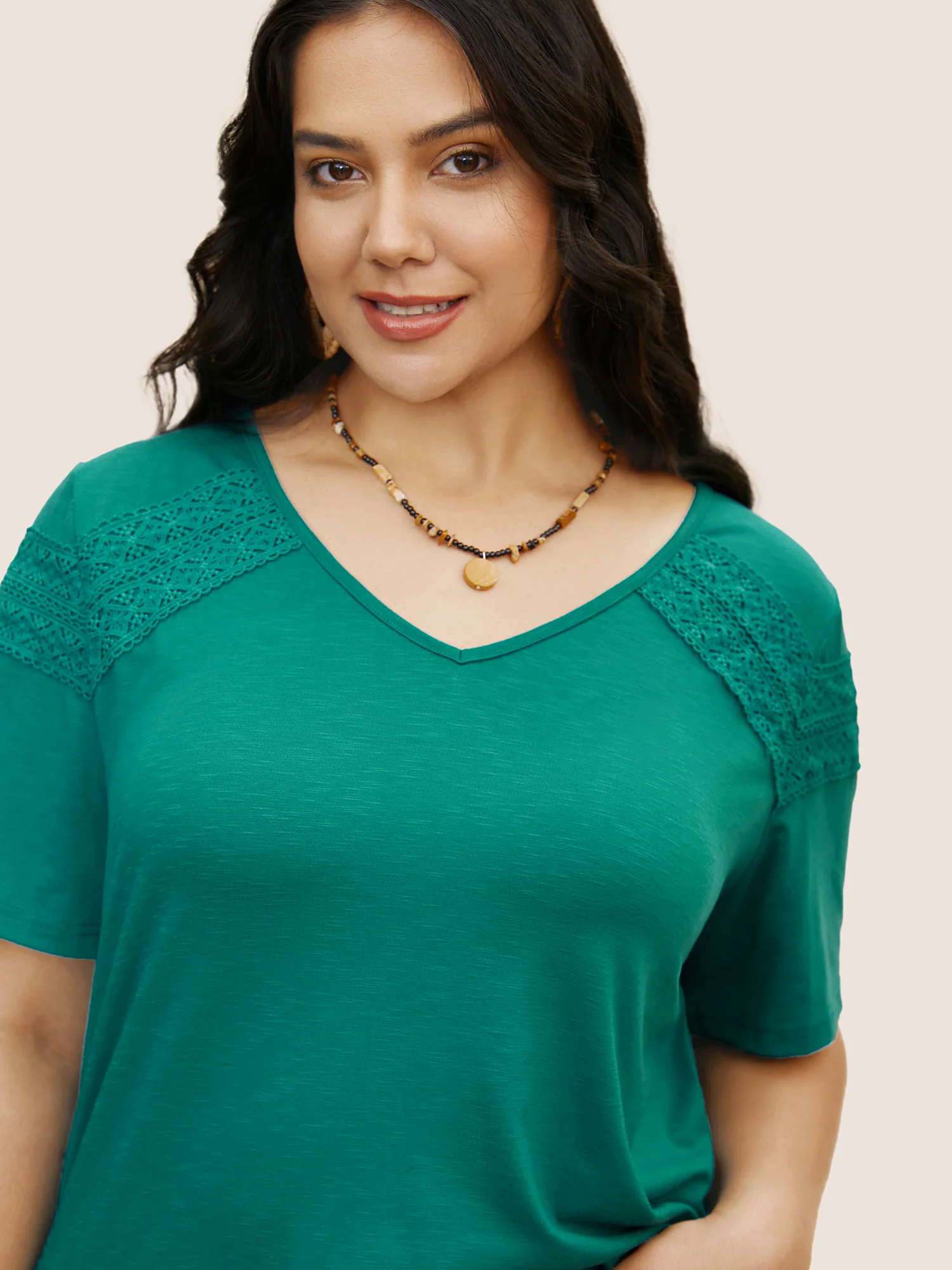 Plain V Neck Lace Panel T-shirt Plain V Neck Lace Panel T-shirt