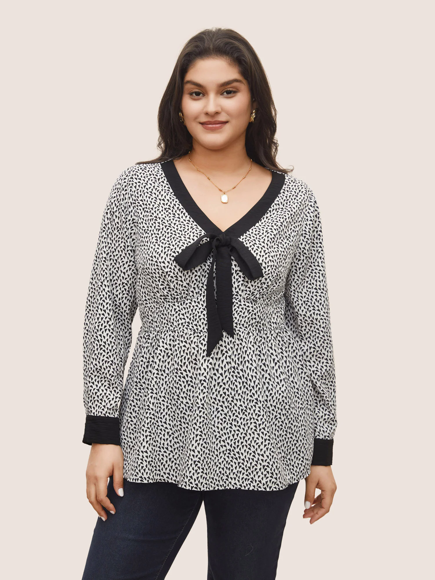 Heart Print Bowknot Elastic Waist Blouse