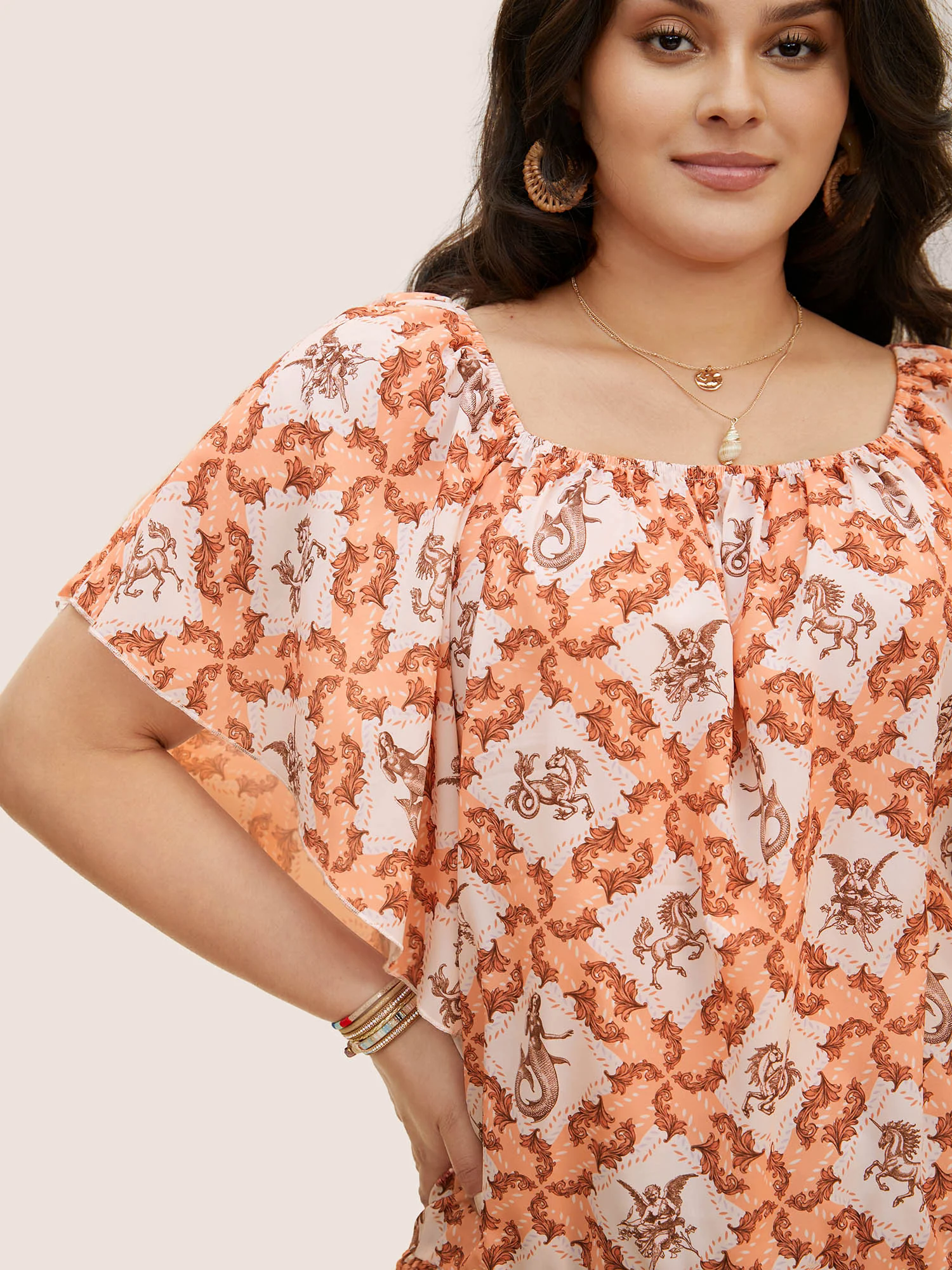 Moroccan Print Square Neck Dolman Sleeve Blouse Moroccan Print Square Neck Dolman Sleeve Blouse