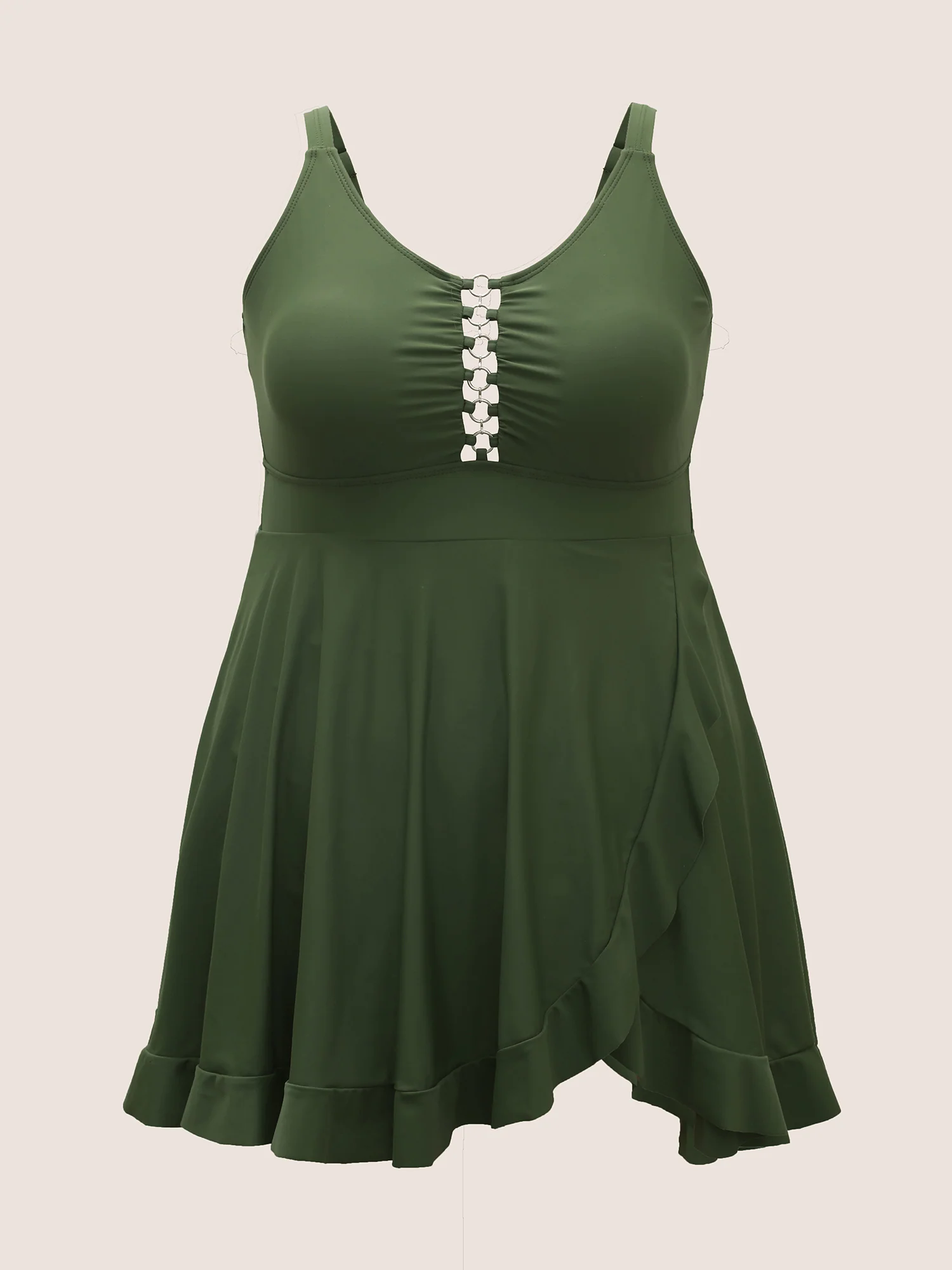 Solid O Ring Buckle Detail Ruffle Trim Swim Dress Solid O Ring Buckle Detail Ruffle Trim Swim Dress