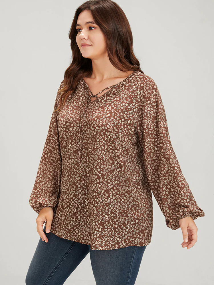 Ditsy Floral Lantern Sleeve Ties V Neck Blouse Ditsy Floral Lantern Sleeve Ties V Neck Blouse