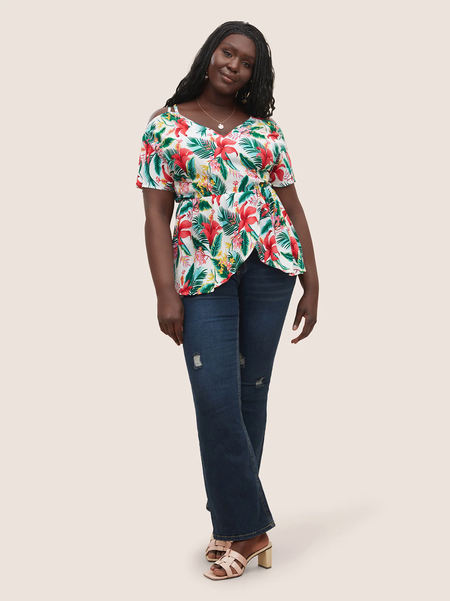 Tropical Print Elastic Waist Cold Shoulder Wrap Hem Blouse