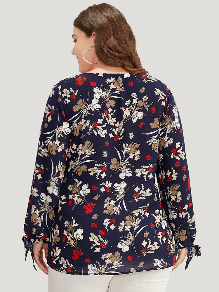 Floral V Neck Wrap Twist Sleeve Blouse Floral V Neck Wrap Twist Sleeve Blouse