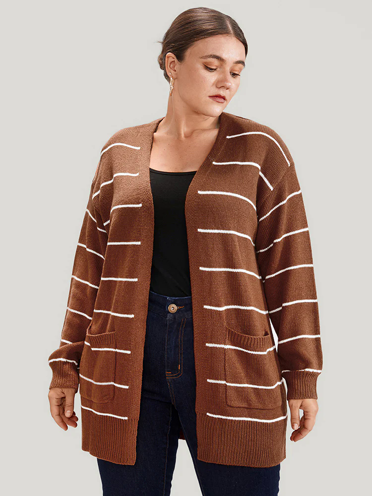 Striped Pointelle Knit Button Side Pocket Open Front Cardigan