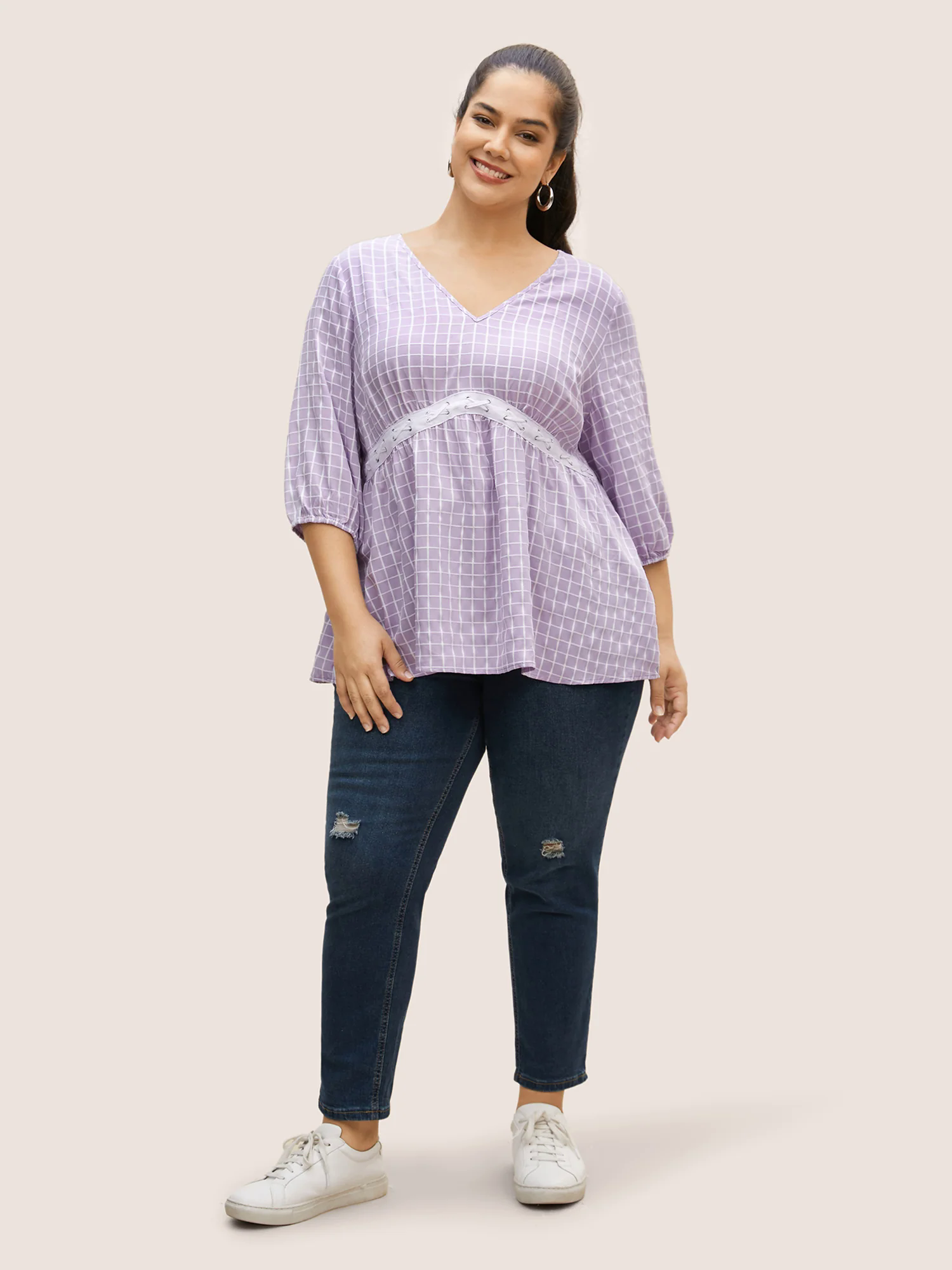 Gingham Patchwork Lantern Sleeve Blouse Gingham Patchwork Lantern Sleeve Blouse