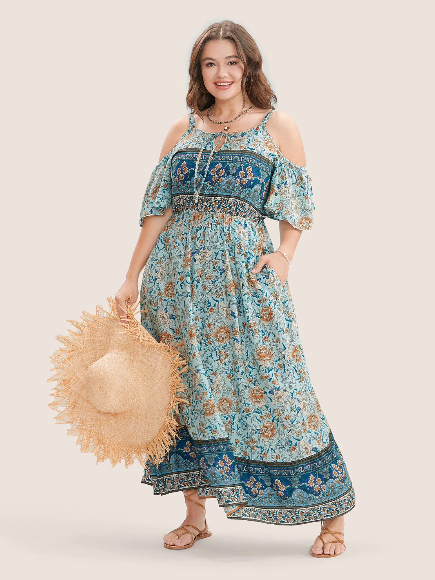 Floral Print Pocket Keyhole Ruffles Cold Shoulder Maxi Dress Floral Print Pocket Keyhole Ruffles Cold Shoulder Maxi Dress