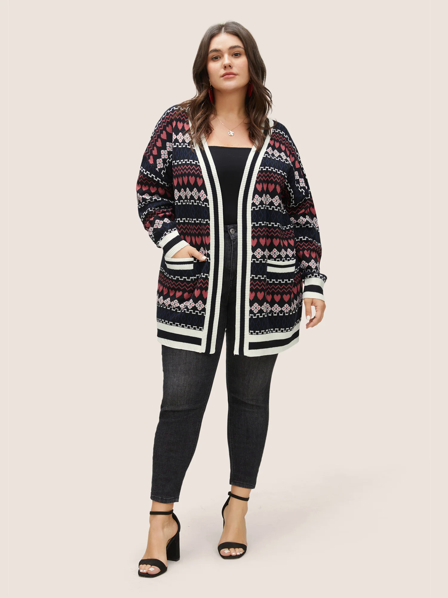 Heart Geometric Jacquard Pocket Cardigan Heart Geometric Jacquard Pocket Cardigan