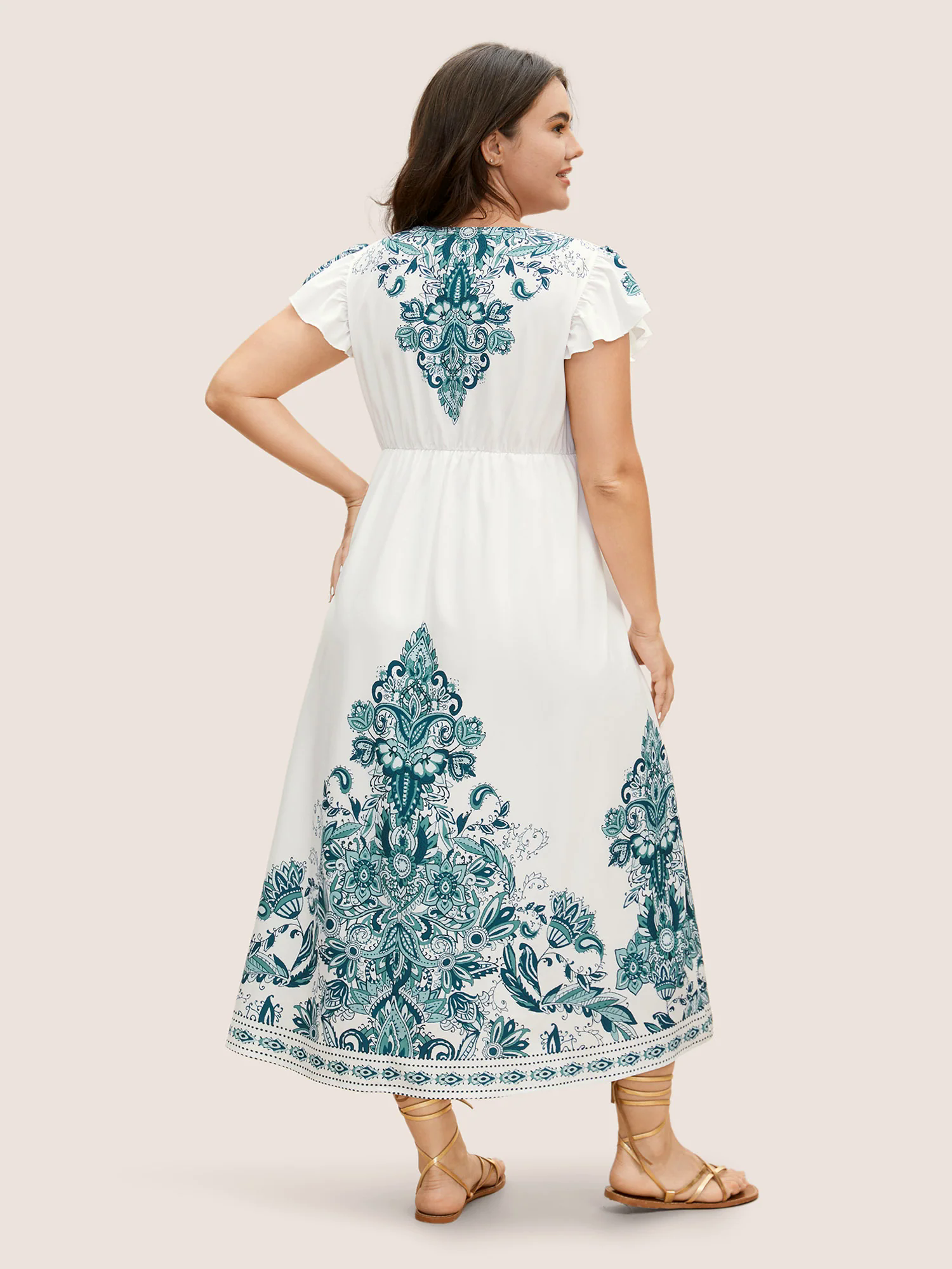 V Neck Boho Print Ruffle Cap Sleeve Dress V Neck Boho Print Ruffle Cap Sleeve Dress