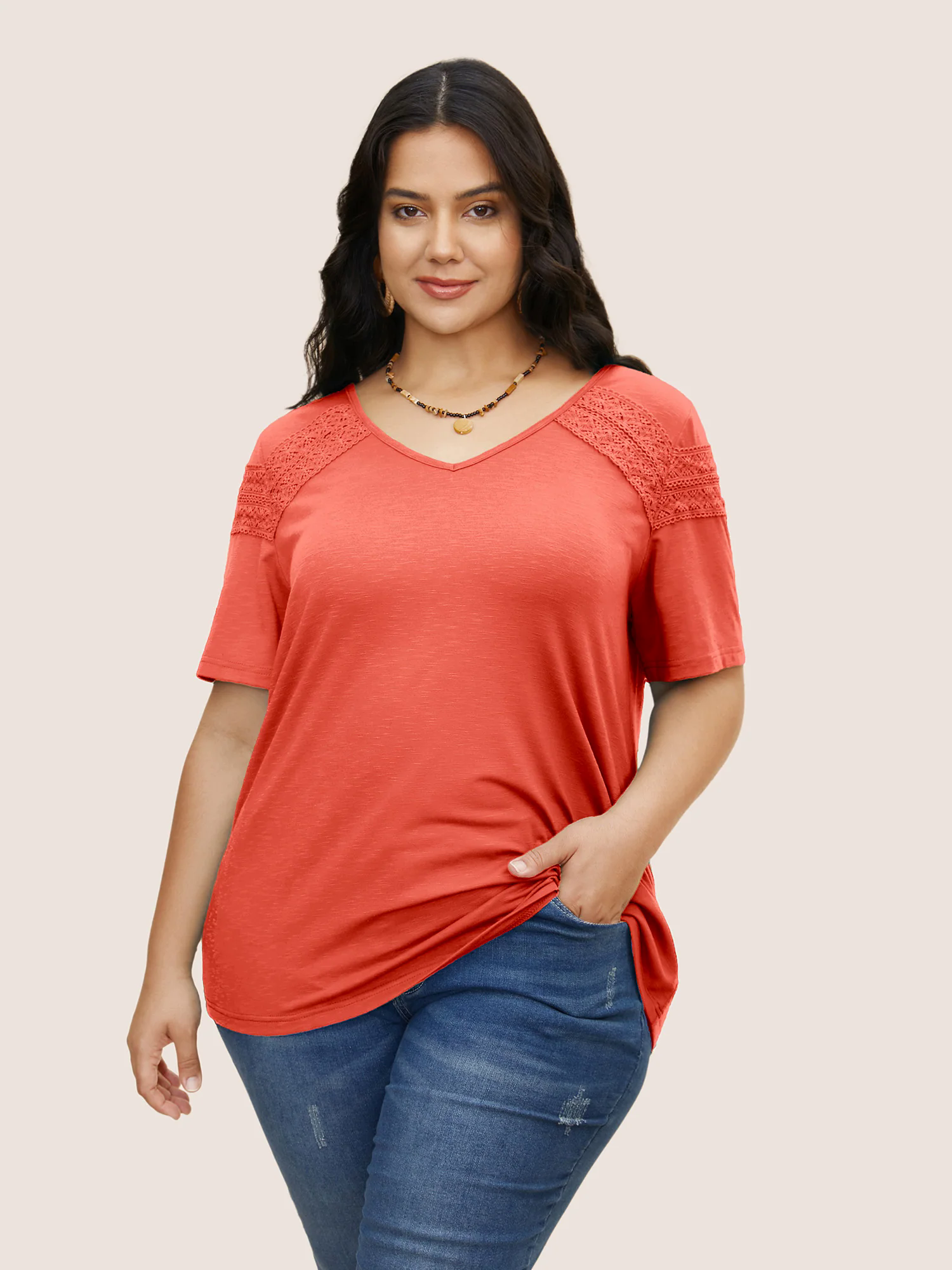 Plain V Neck Lace Panel T-shirt Plain V Neck Lace Panel T-shirt