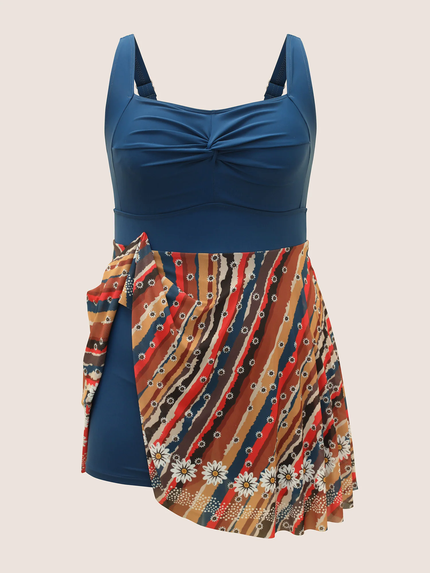 Colored Striped Twist Front Patchwork Swim Dress Colored Striped Twist Front Patchwork Swim Dress