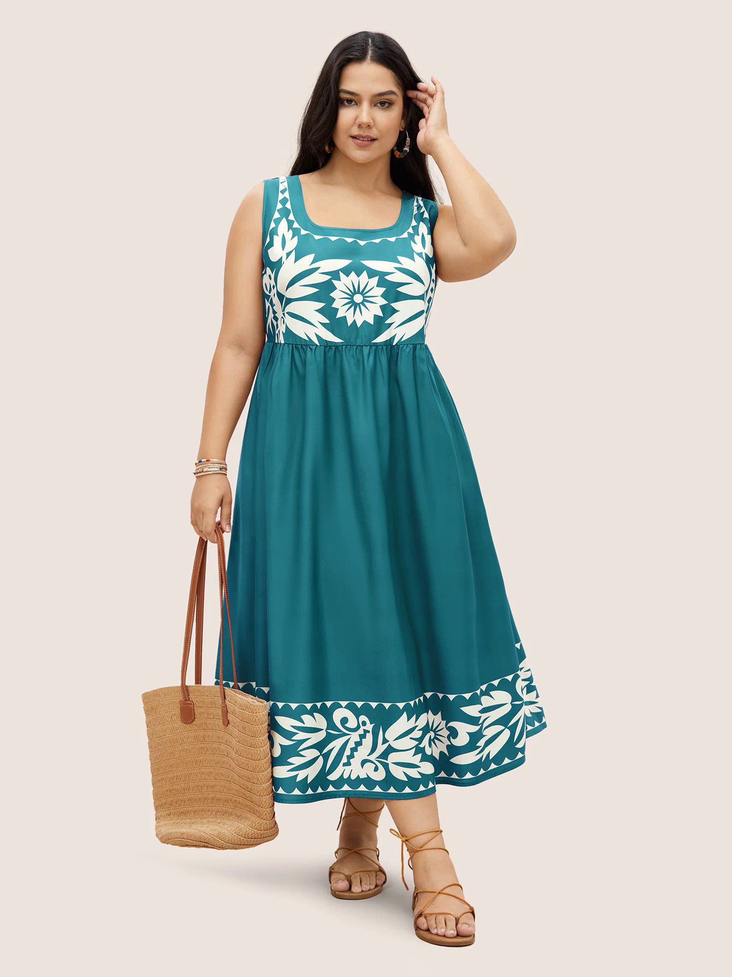 Boho Print Square Neck Elastic Waist Tank Dress Boho Print Square Neck Elastic Waist Tank Dress