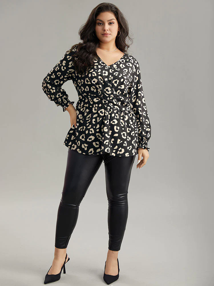 Leopard Print Crossover Ruched Shirred Blouse