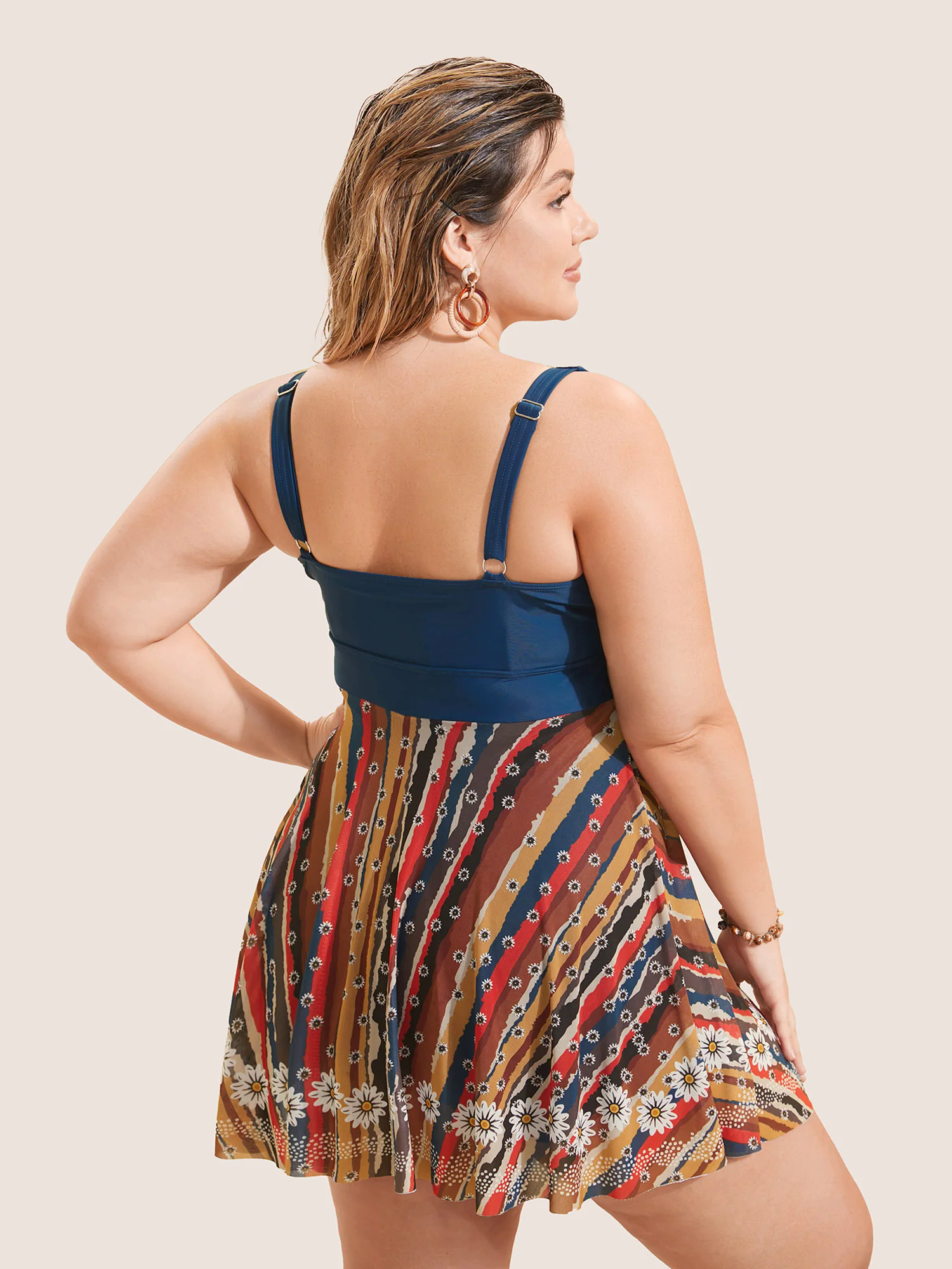 Colored Striped Twist Front Patchwork Swim Dress Colored Striped Twist Front Patchwork Swim Dress