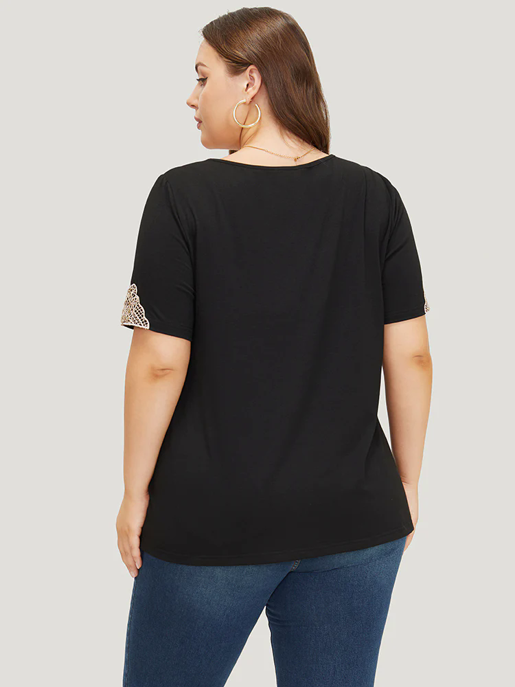 Plain Guipure Lace V Neck T-shirt Plain Guipure Lace V Neck T-shirt